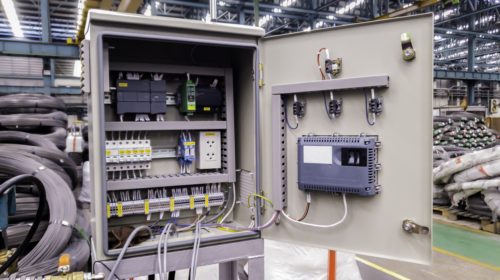 Blur background of power electricity control panel on factory site, Electrical switch cabinet, Main substation with breaker to control automatic system of machine
